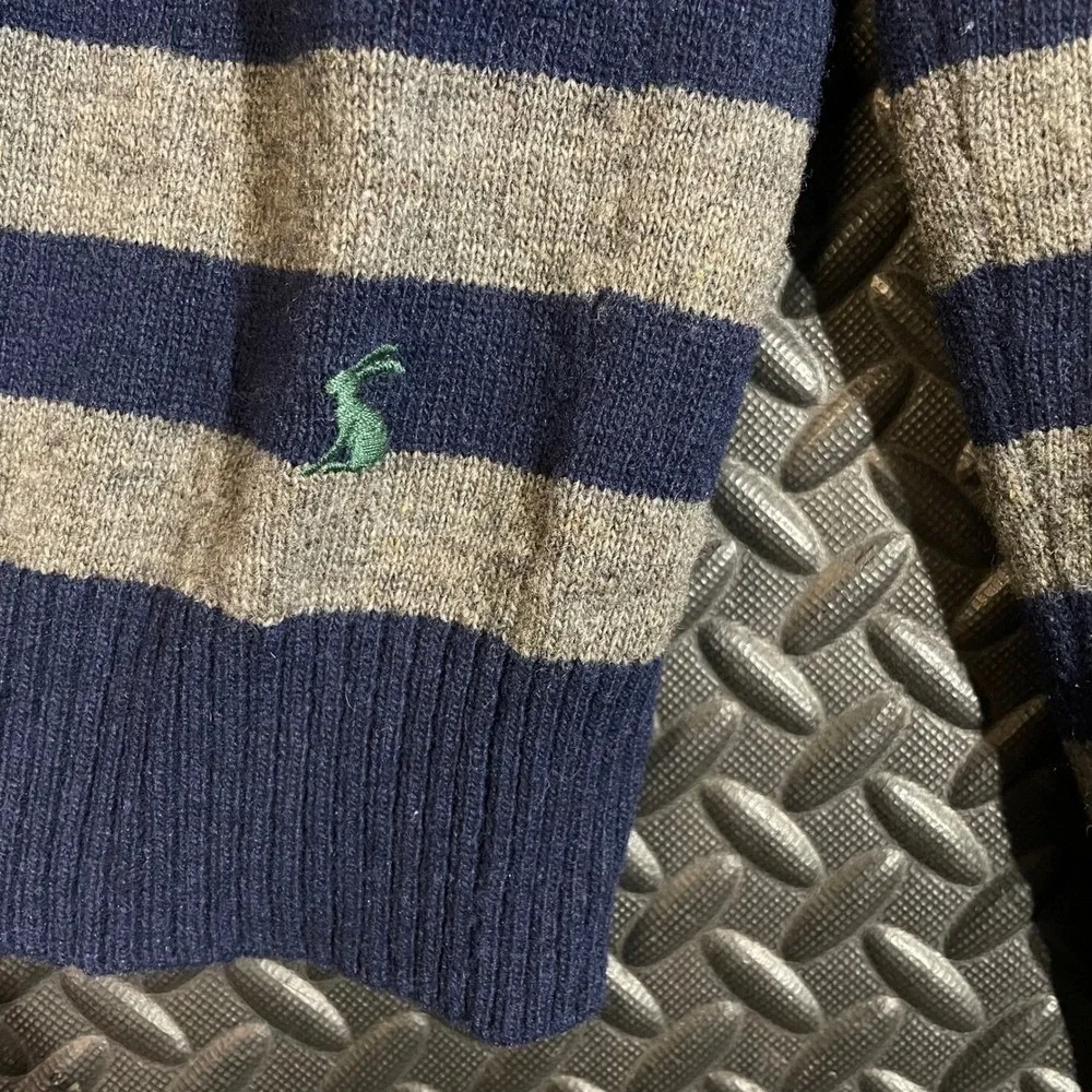 Vintage Joules Clothing‎ Gray Blue Wool Striped Pullover V-Neck Sweater Men L